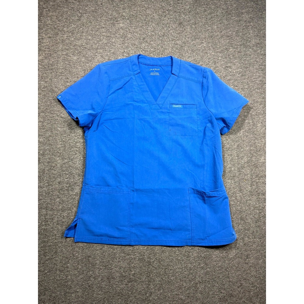 Jaanuu Uniform Scrub Top Womens Large Royal Blue 3-Pocket Short Sleeve Medical